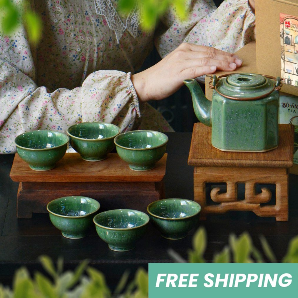 Hexagonal Ceramic Tea Set, Crystal Green Collection, Perfect Housewarming Gift, Handcrafted Vietnamese Tea Set, Meaningful Gift, Easy Care & Dishwasher Safe, Corporate Gift - Image 3